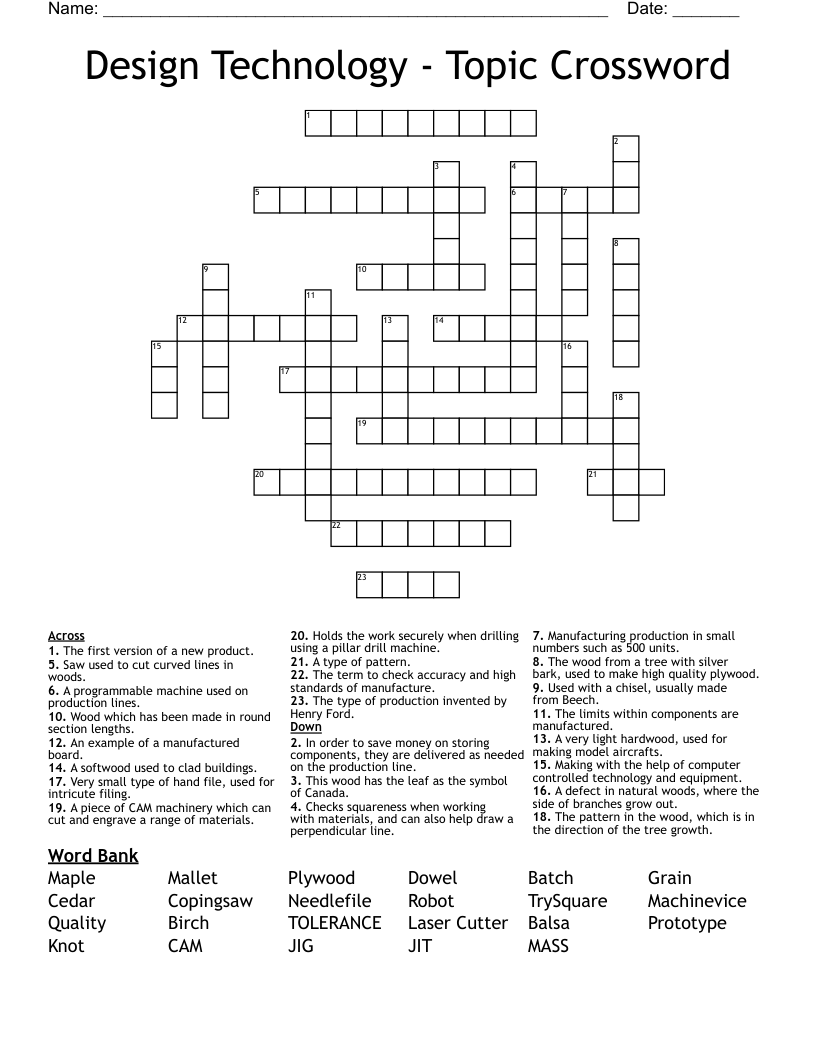 Design Technology - Topic Crossword