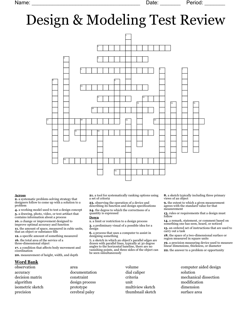 Design & Modeling Test Review Crossword