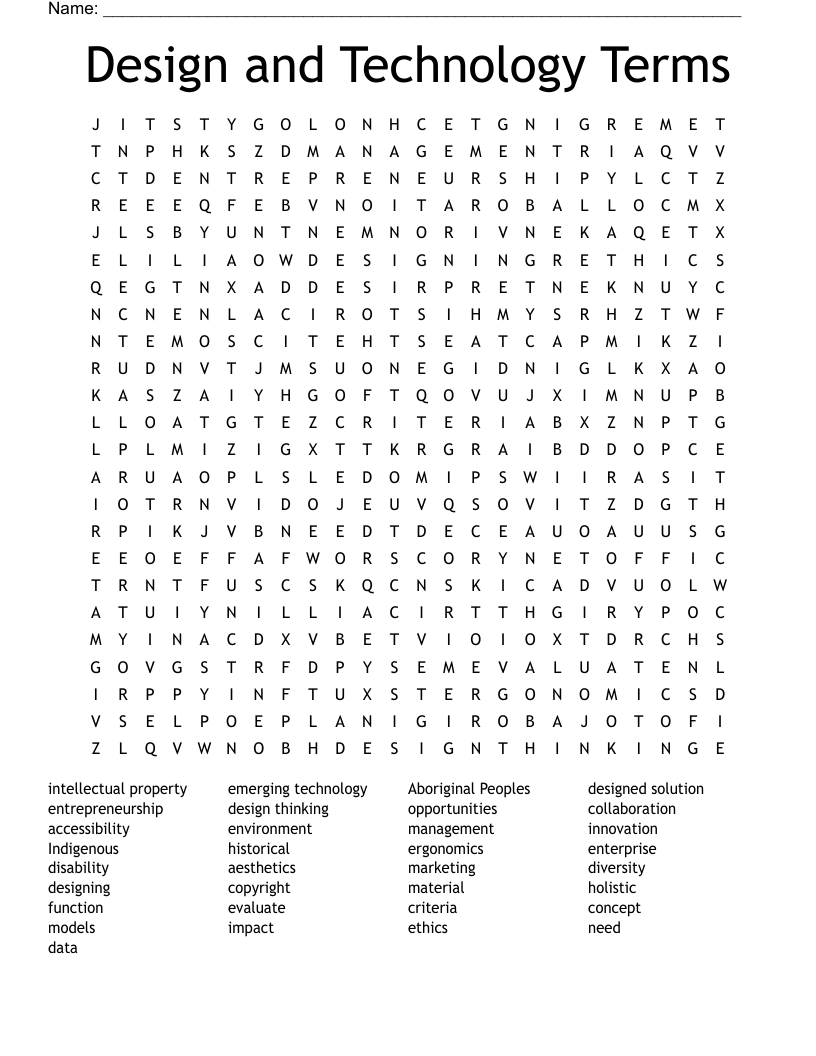 Design and Technology Terms Word Search