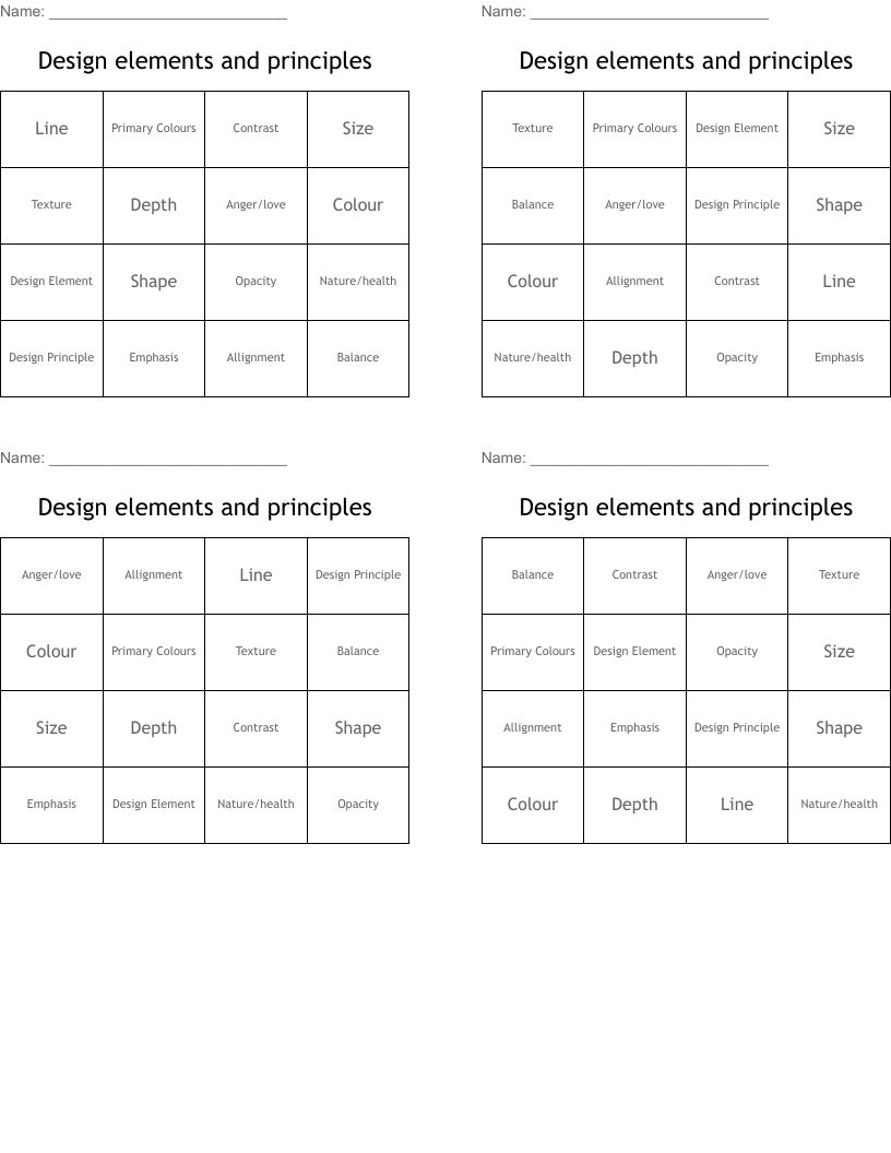 Design elements and principles Bingo Cards