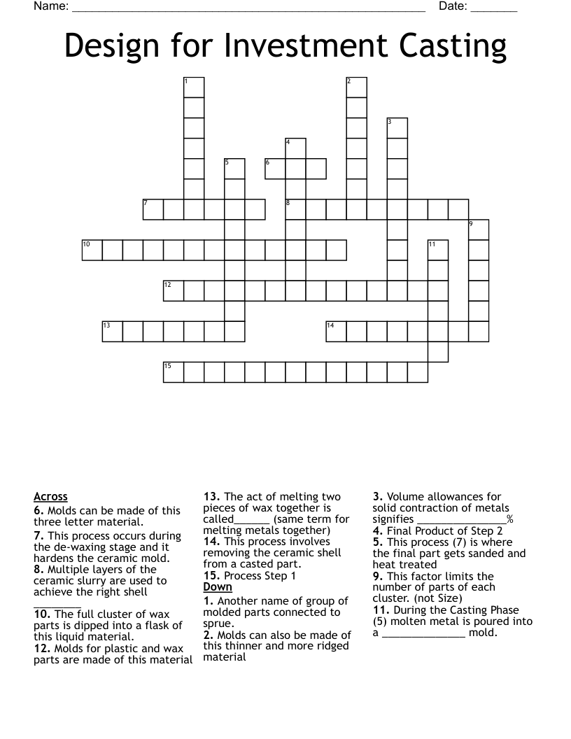 Design for Investment Casting  Crossword