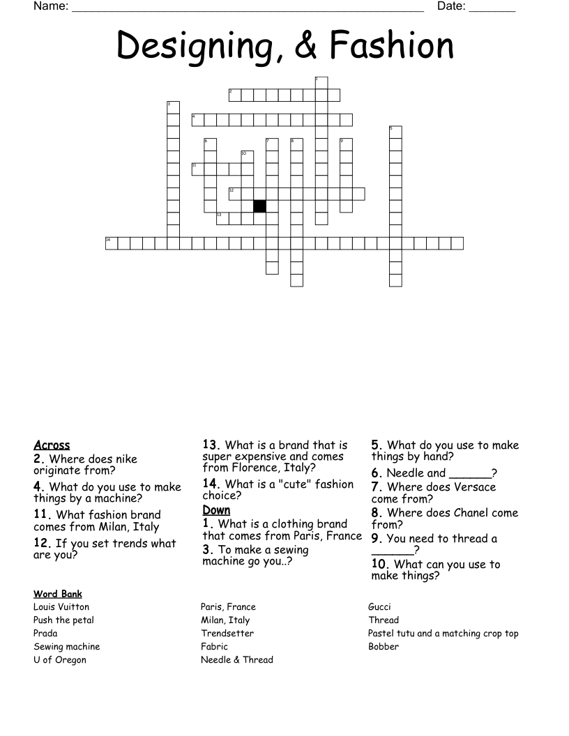 Designing, & Fashion  Crossword