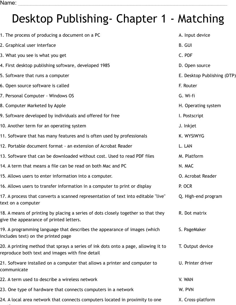 Desktop Publishing- Chapter 1 - Matching Worksheet