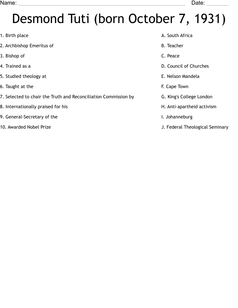 Desmond Tuti (born October 7, 1931) Worksheet