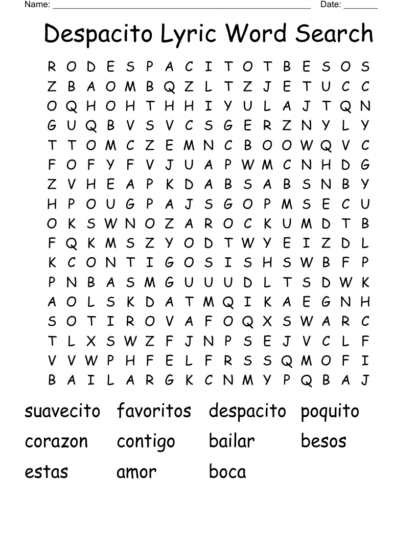 Despacito Lyric Word Search