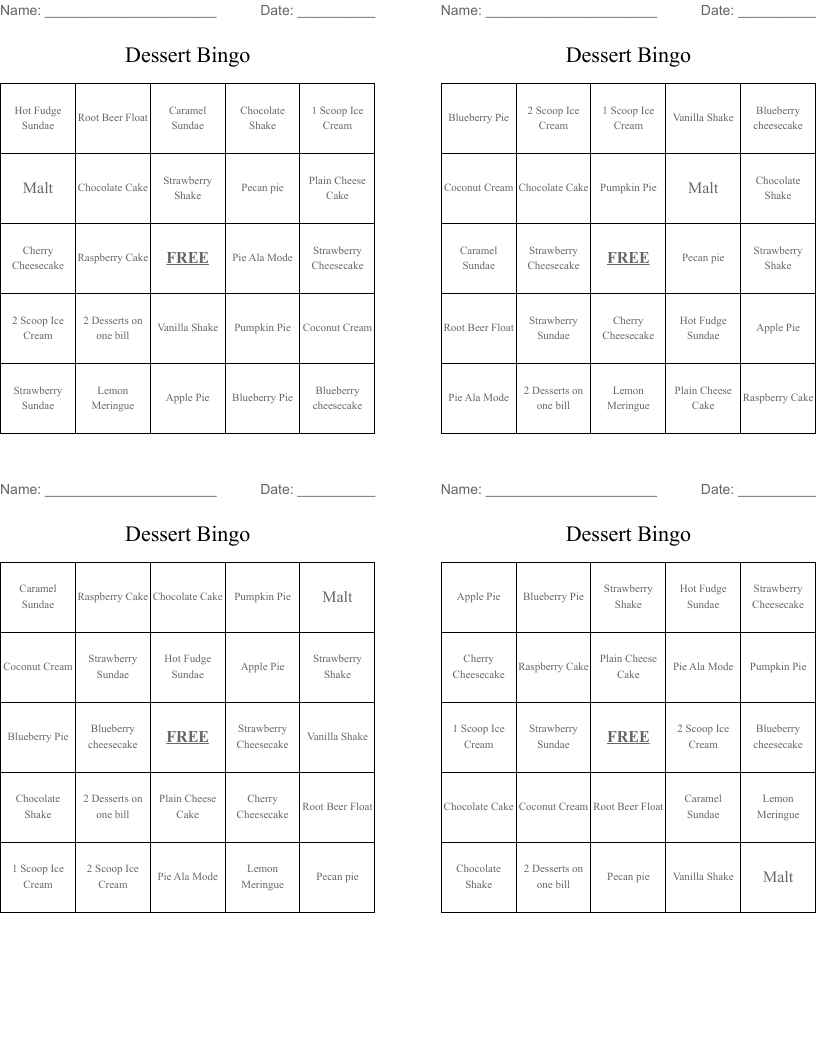 Dessert Bingo