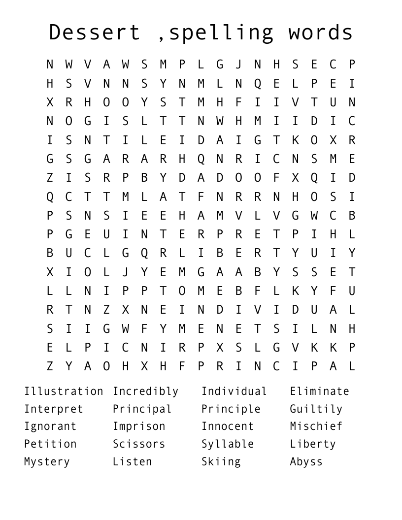 Dessert ,spelling words  Word Search