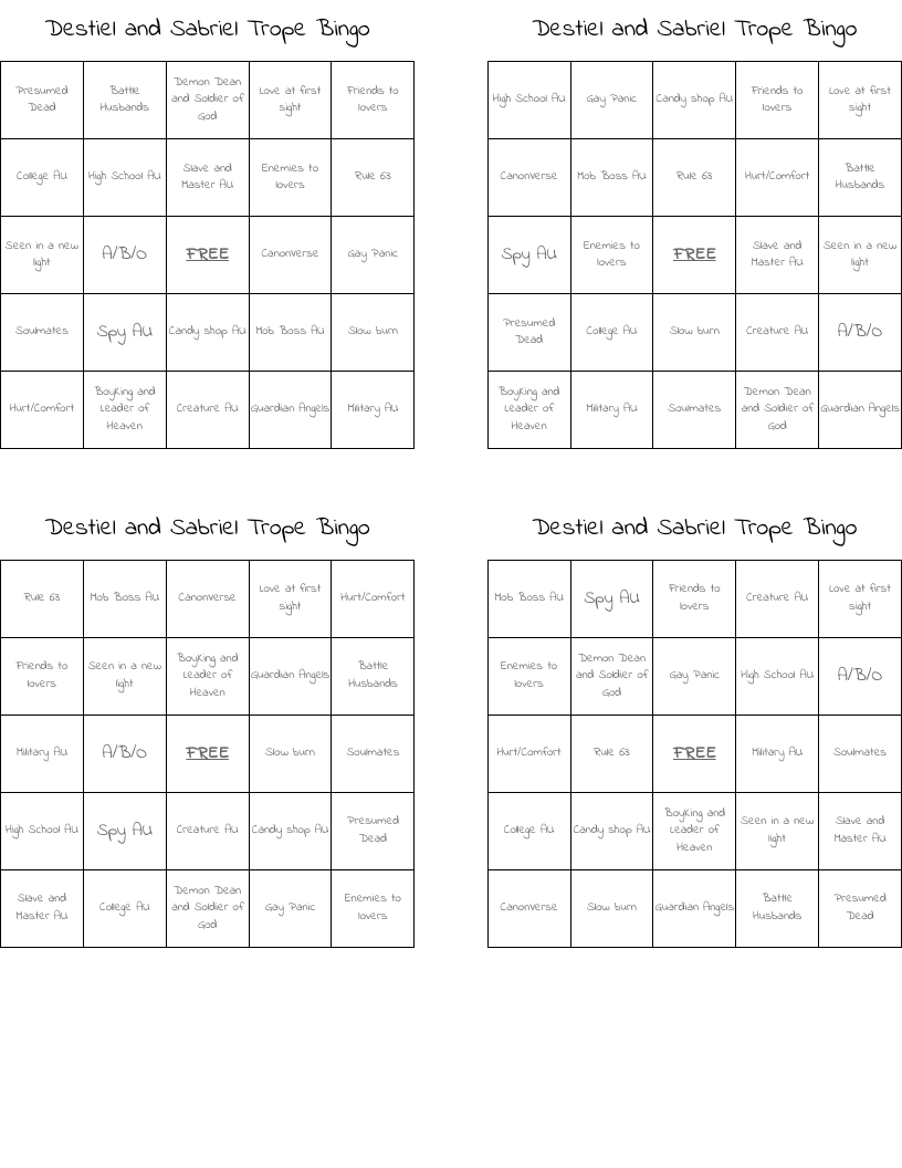 Destiel and Sabriel Trope Bingo