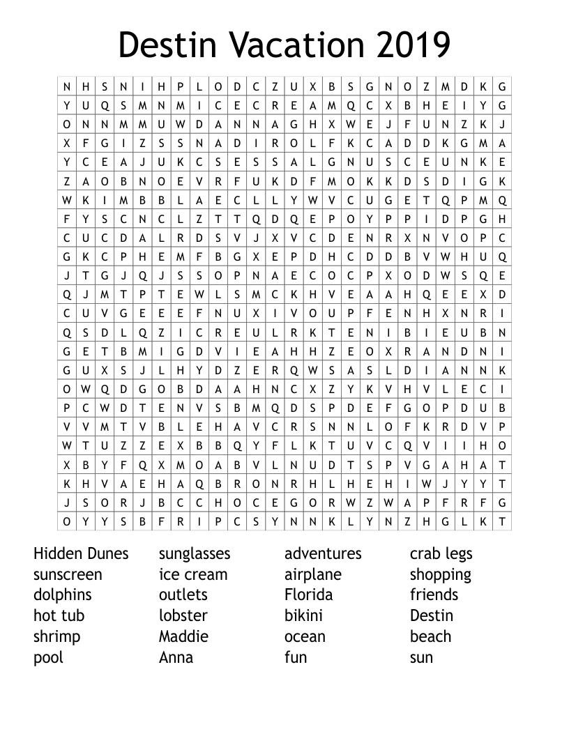Destin Vacation 2019 Word Search