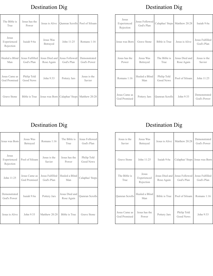 Destination Dig Bingo Cards