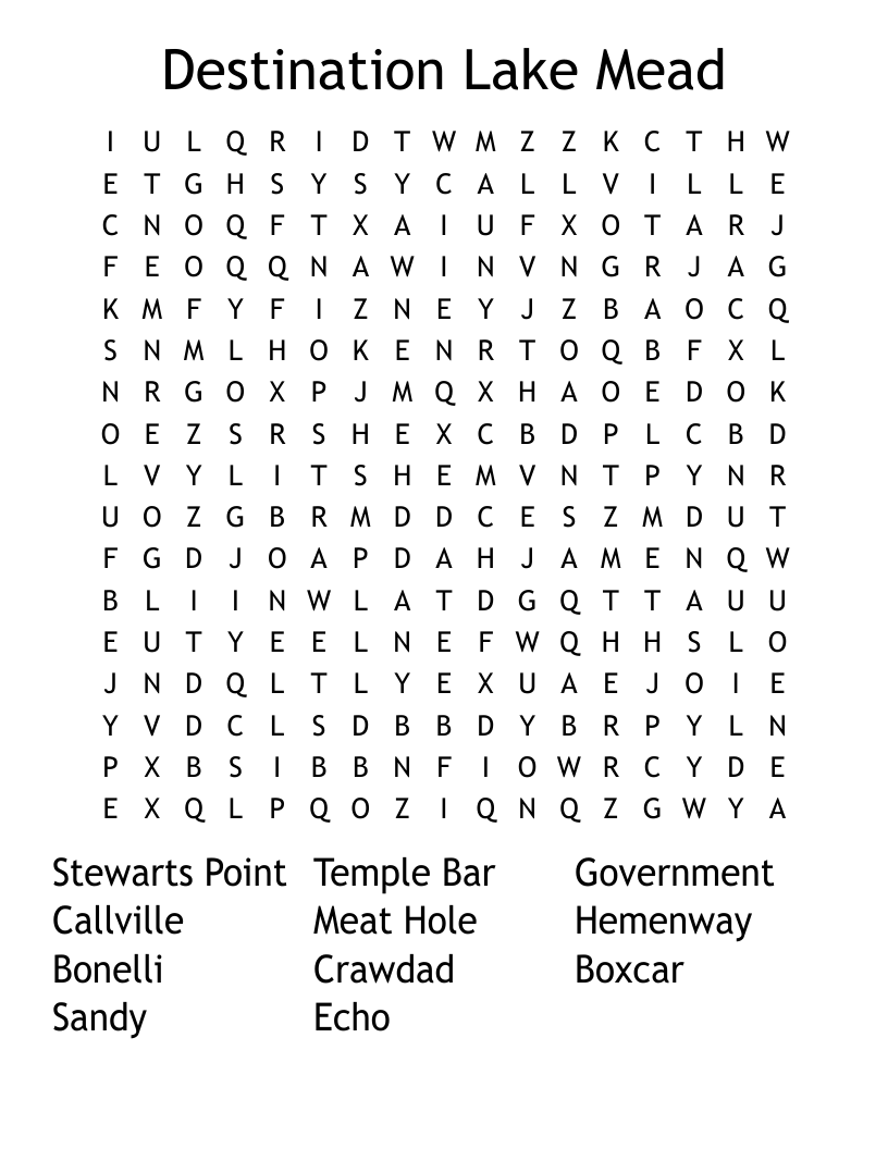 Destination Lake Mead Word Search