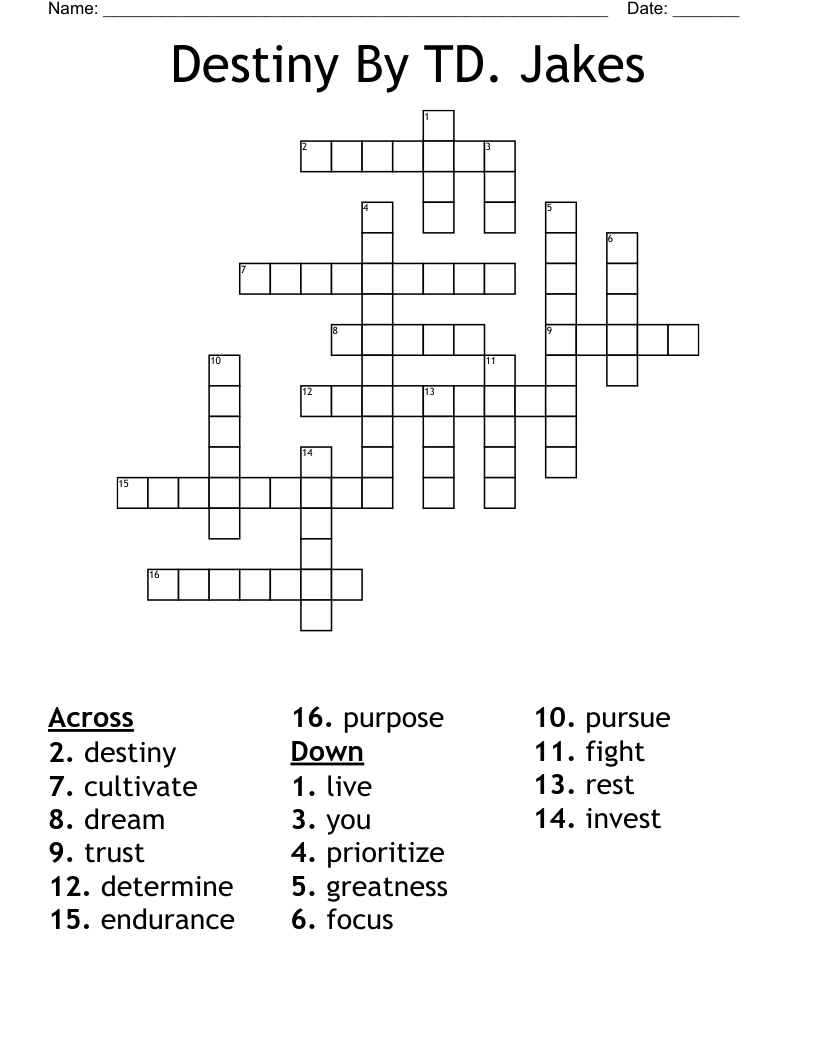 Destiny By TD. Jakes Crossword