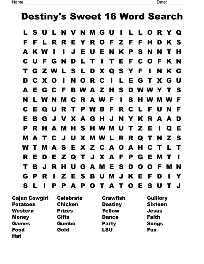 Destiny's Sweet 16 Word Search