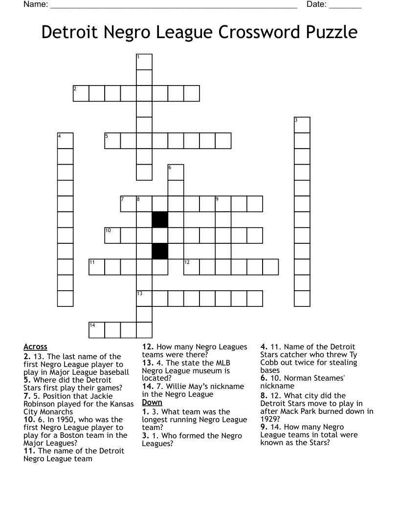 Detroit Negro League Crossword Puzzle