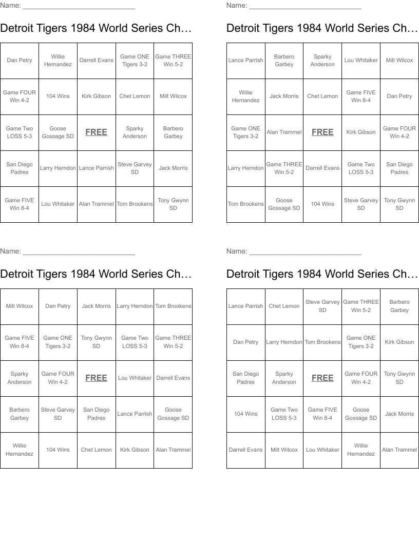 Detroit Tigers 1984 World Series Champions Bingo Cards
