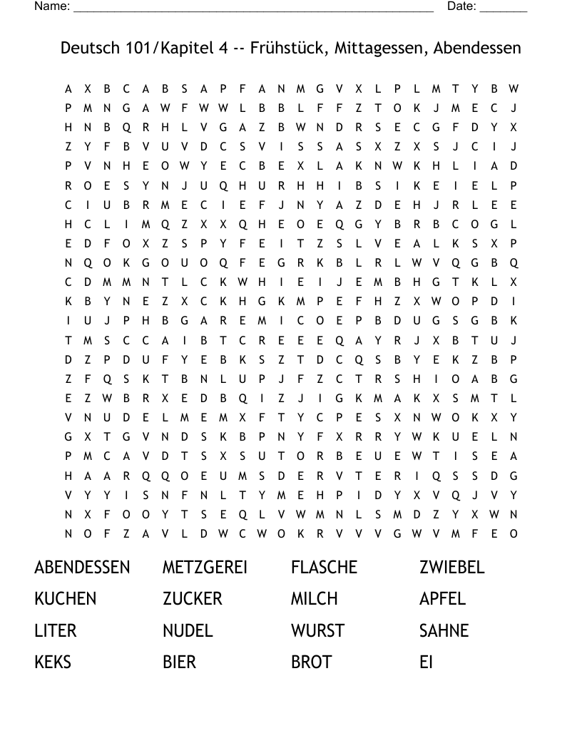 Deutsch 101/Kapitel 4 -- Frühstück, Mittagessen, Abendessen Word Search