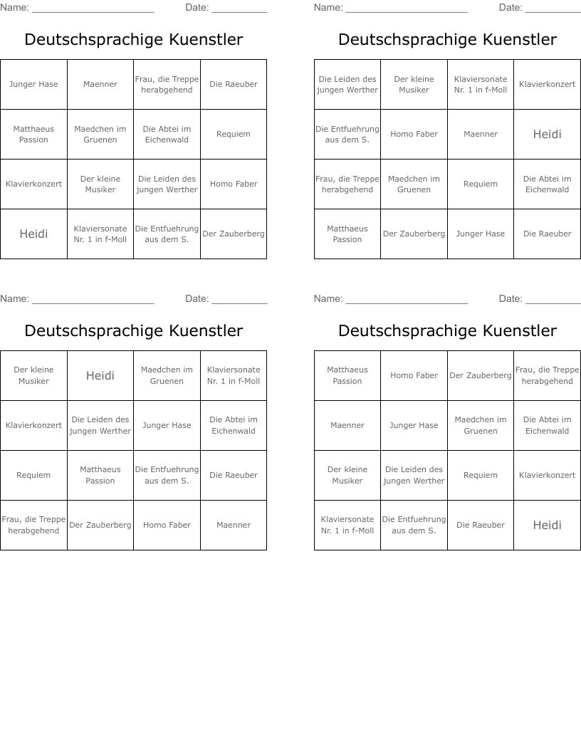 Deutschsprachige Kuenstler Bingo Cards