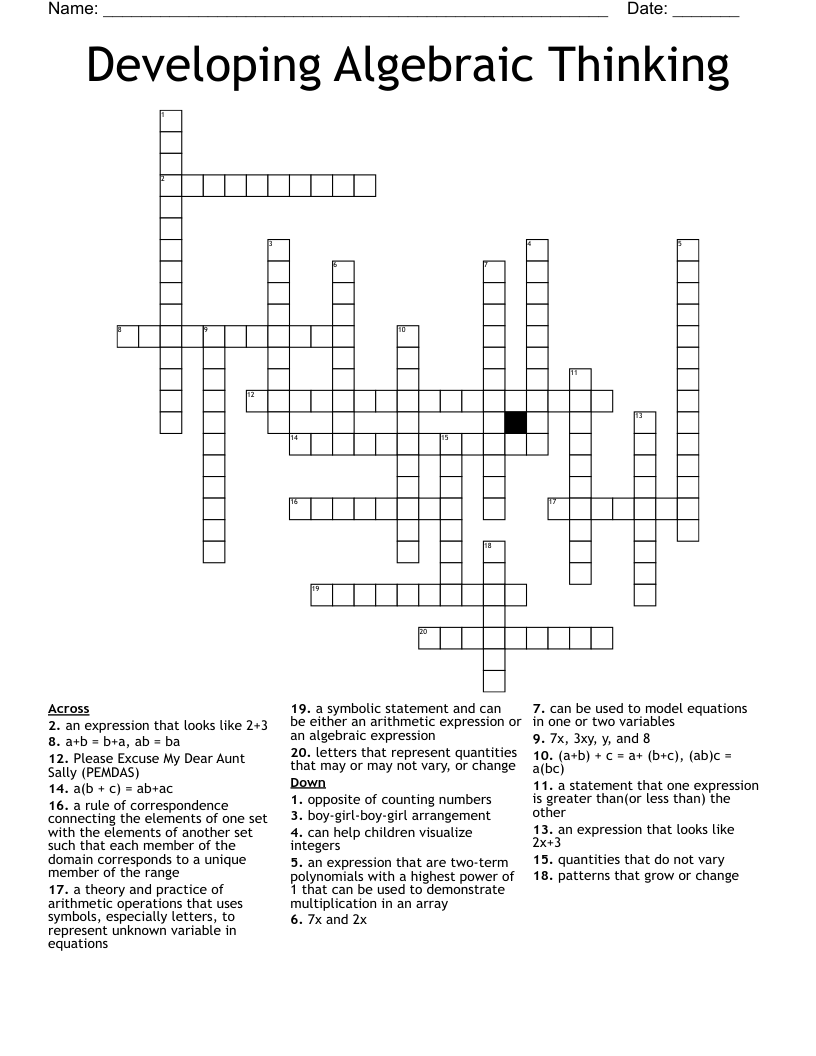 Developing Algebraic Thinking Crossword