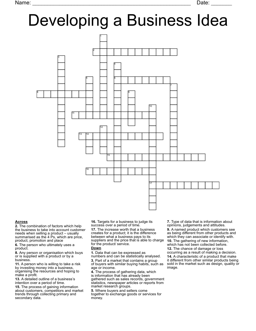Developing a Business Idea Crossword