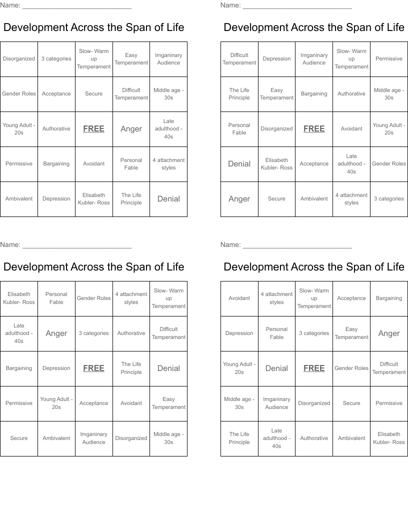 Development Across the Span of Life  Bingo Cards