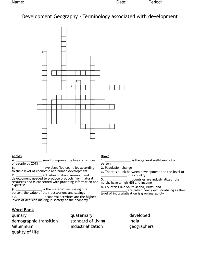 Development Geography - Terminology associated with development   Crossword