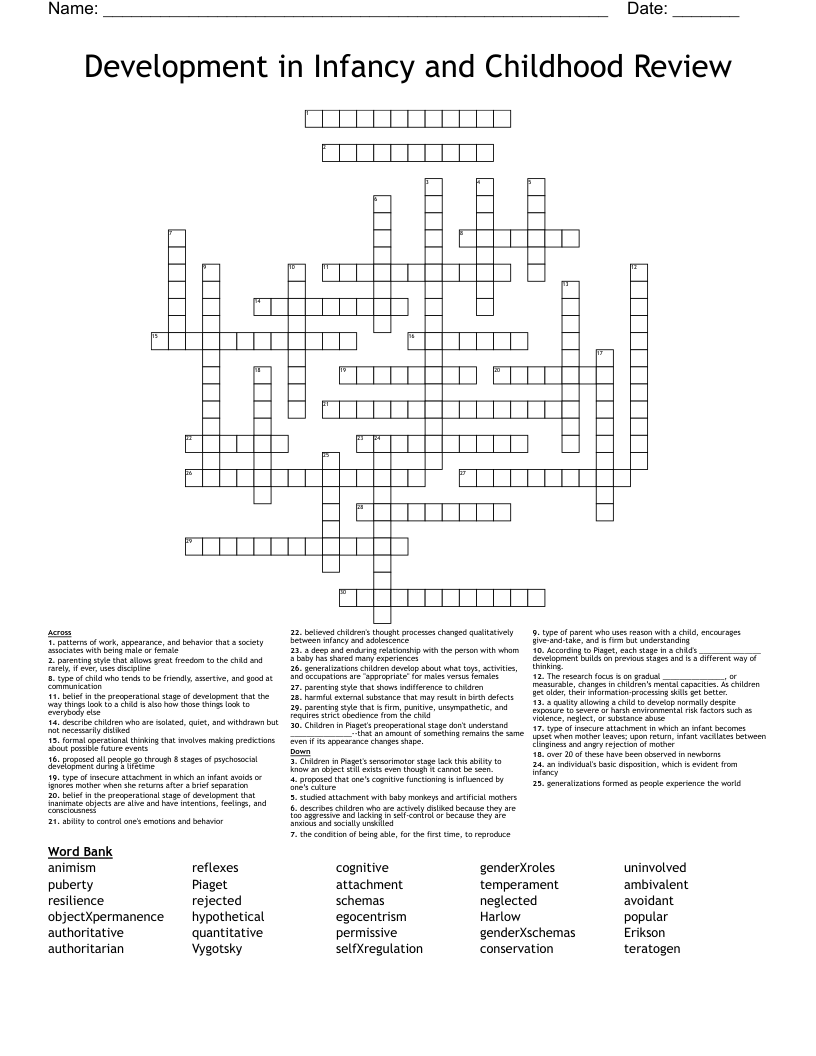 Development in Infancy and Childhood Review Crossword