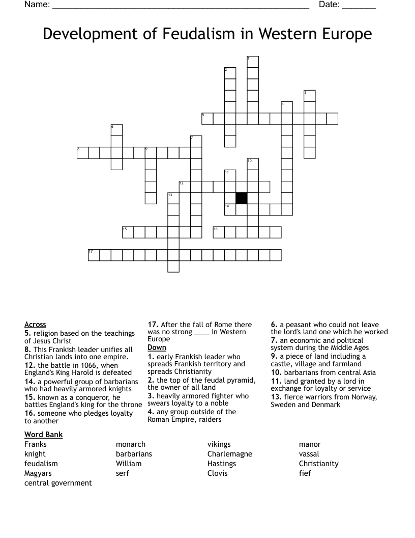 Development of Feudalism in Western Europe Crossword