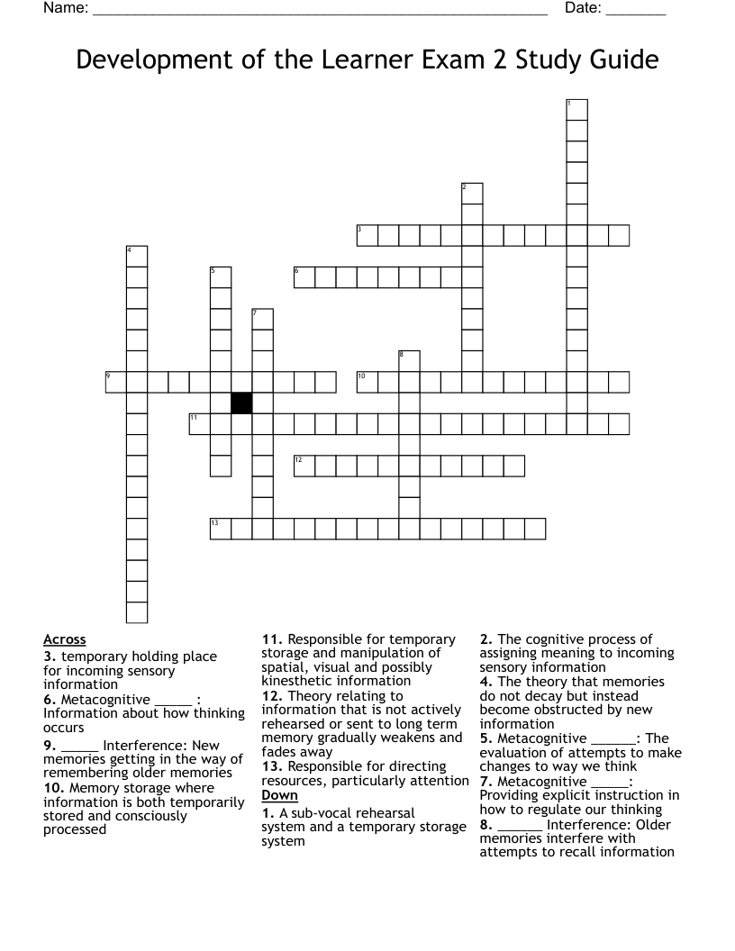 Development of the Learner Exam 2 Study Guide Crossword