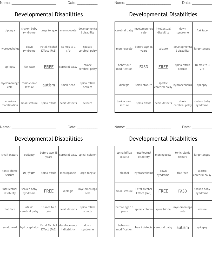 Developmental Disabilities Bingo Cards