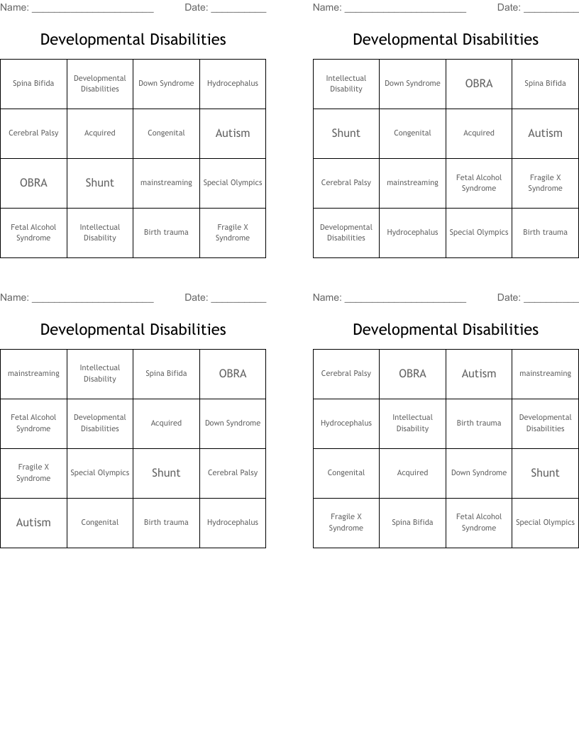 Developmental Disabilities Bingo Cards