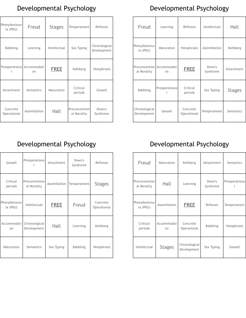 Developmental Psychology Bingo Cards