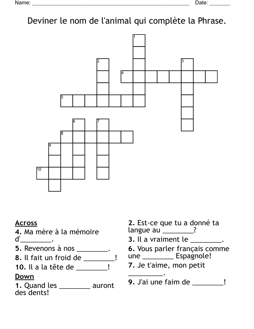 Deviner le nom de l'animal qui complète la Phrase.  Crossword