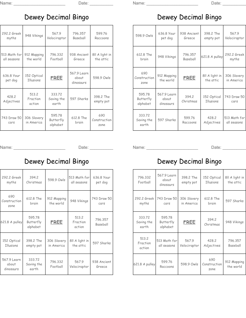Dewey Decimal Bingo