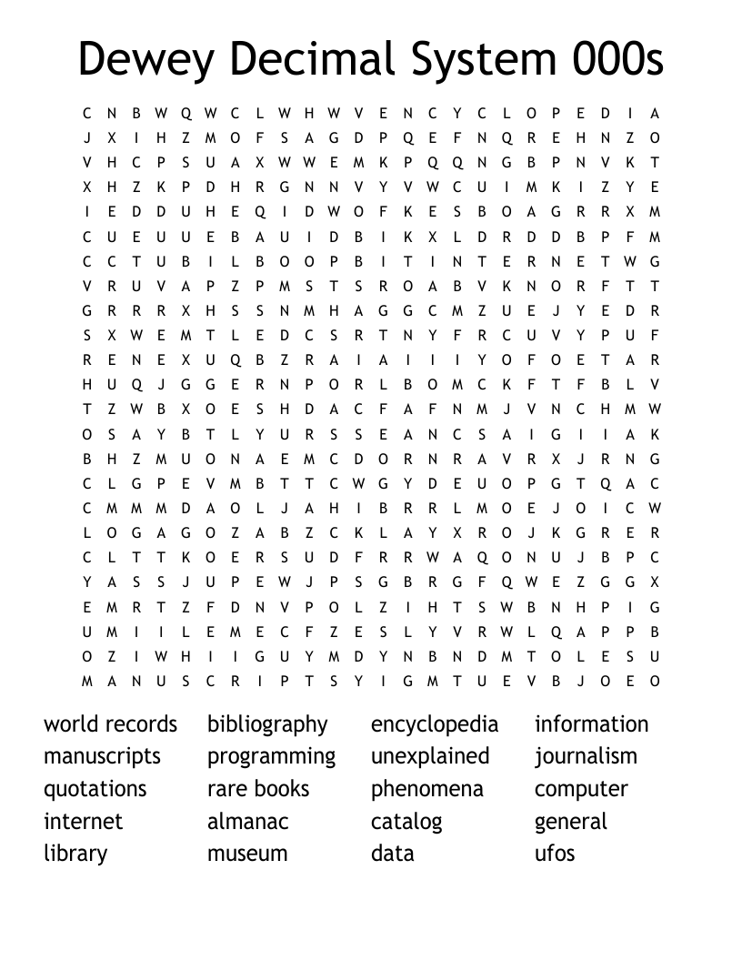 Dewey Decimal System 000s Word Search