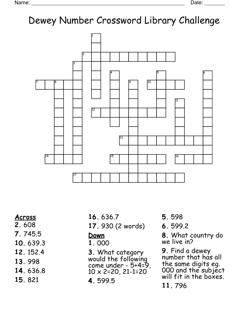 Dewey Number  Crossword  Library Challenge