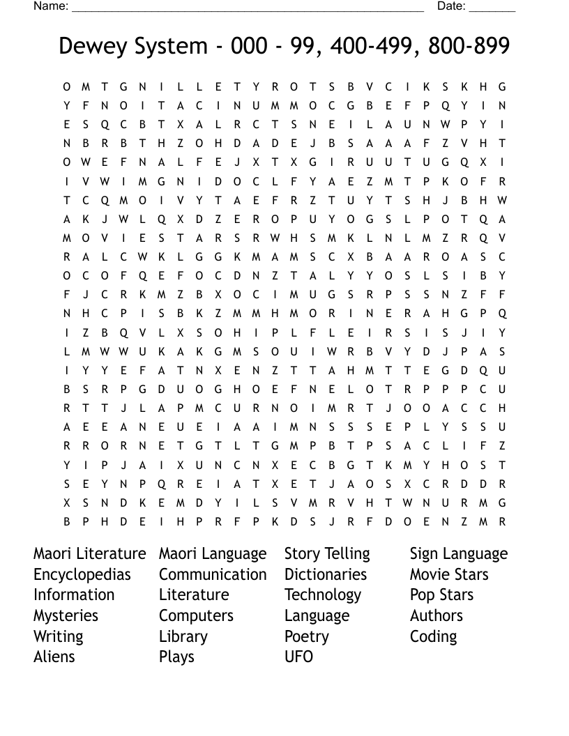 Dewey System - 000 - 99, 400-499, 800-899 Word Search