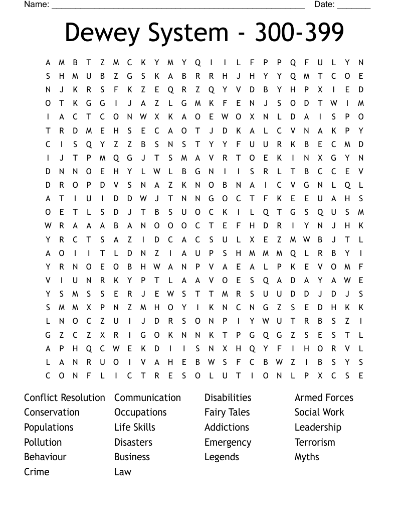 Dewey System - 300-399 Word Search