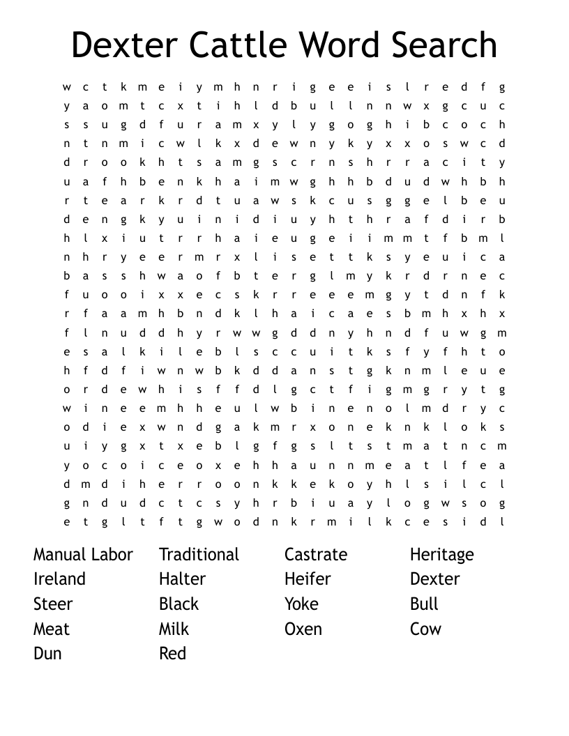 Dexter Cattle Word Search
