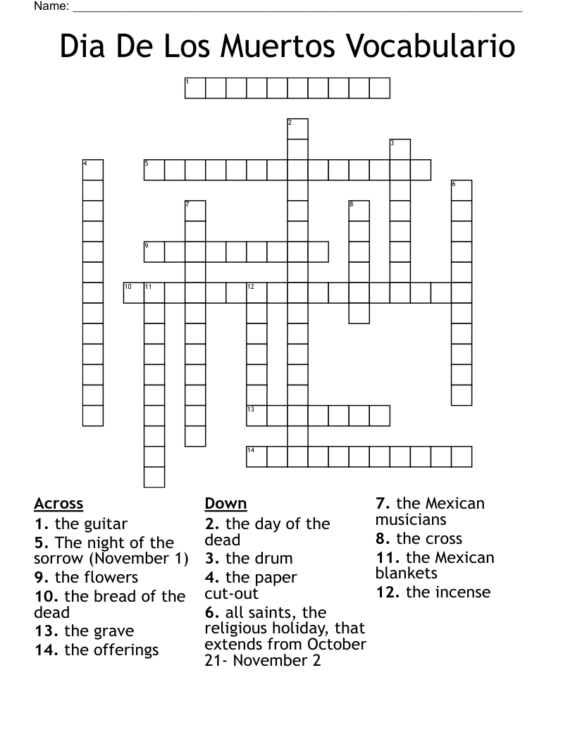 Dia De Los Muertos Vocabulario Crossword