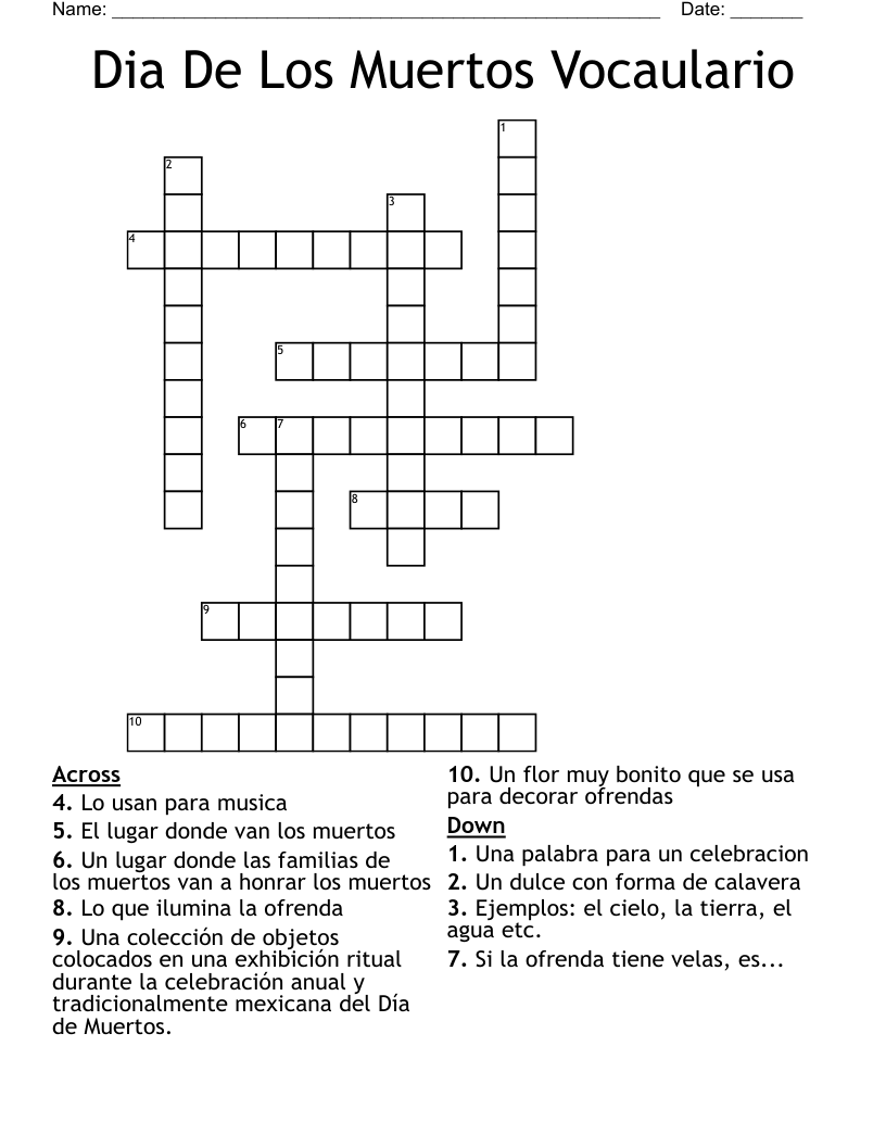 Dia De Los Muertos Vocaulario Crossword