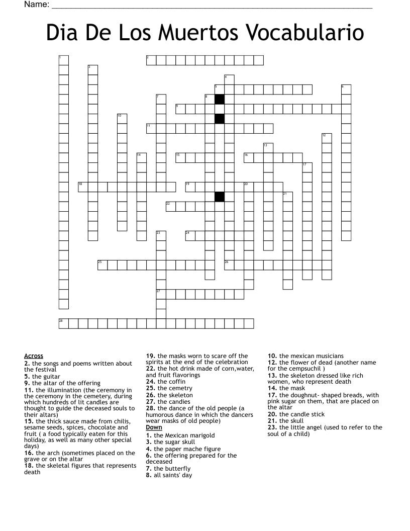 Dia De Los Muertos  Vocabulario Crossword