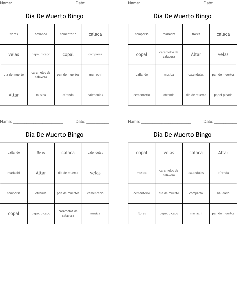 Dia De Muerto Bingo 