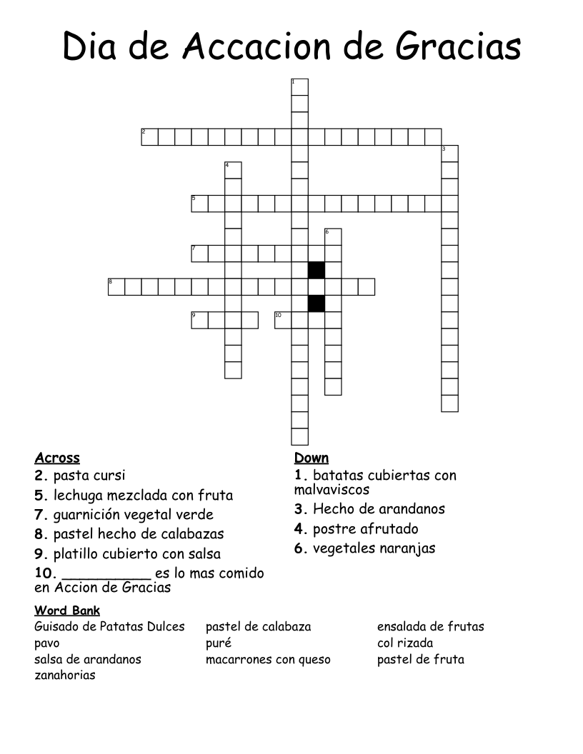 Dia de Accacion de Gracias Crossword