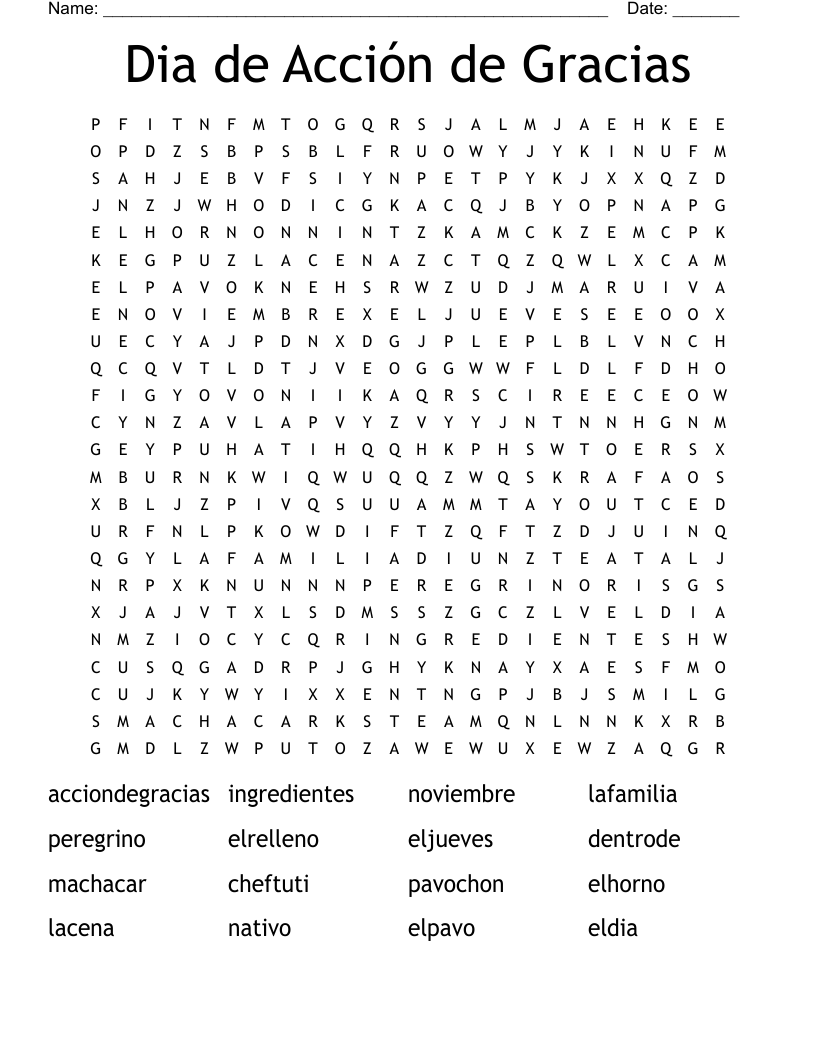 Dia de Acción de Gracias Word Search