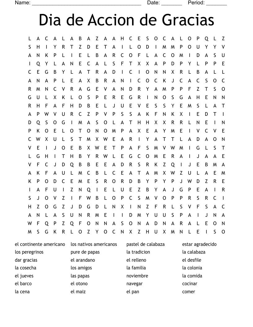 Dia de Accion de Gracias Word Search