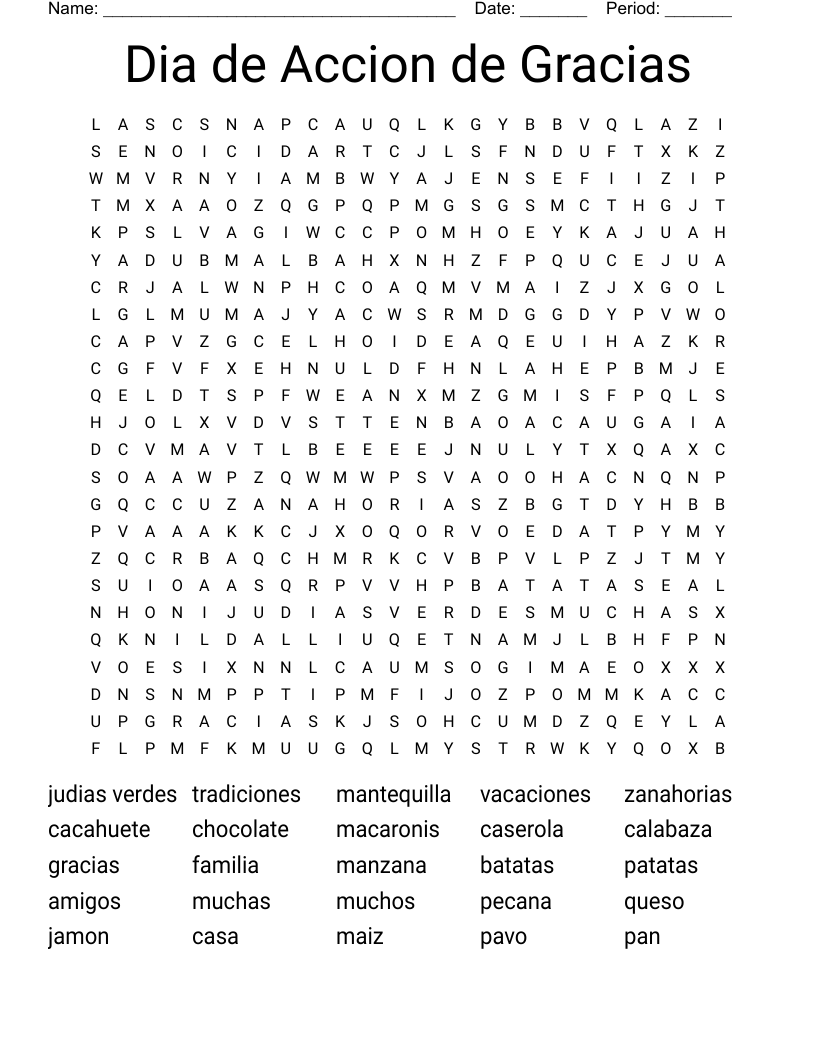 Dia de Accion de Gracias Word Search