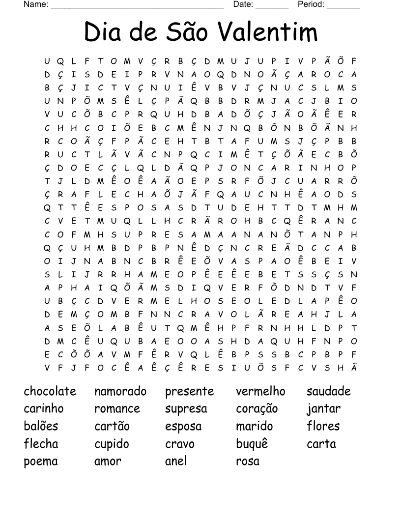 Dia de São Valentim Word Search