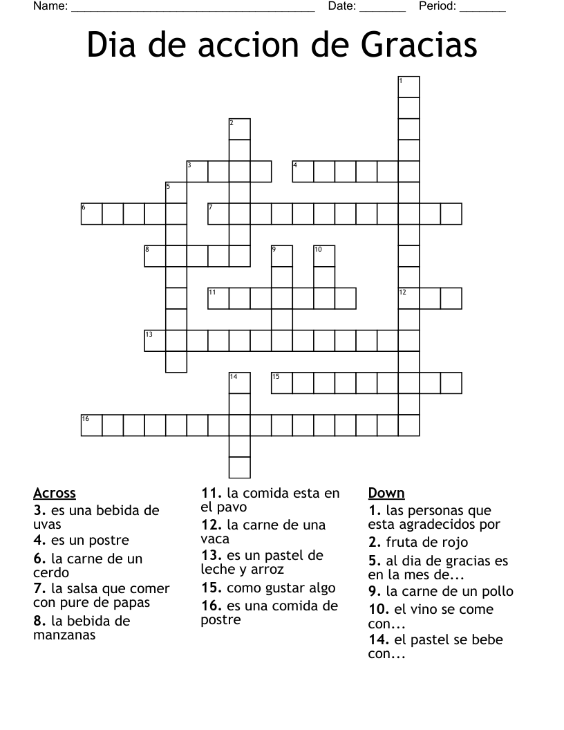 Dia de accion de Gracias Crossword