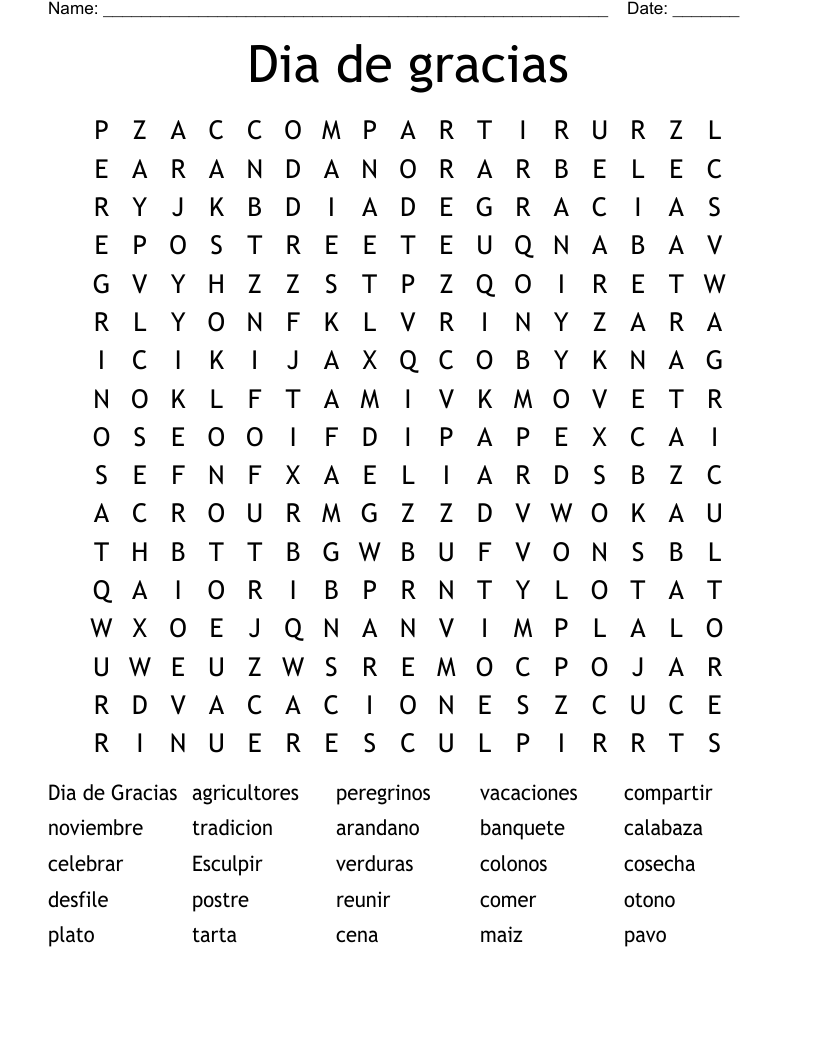 Dia de gracias Word Search