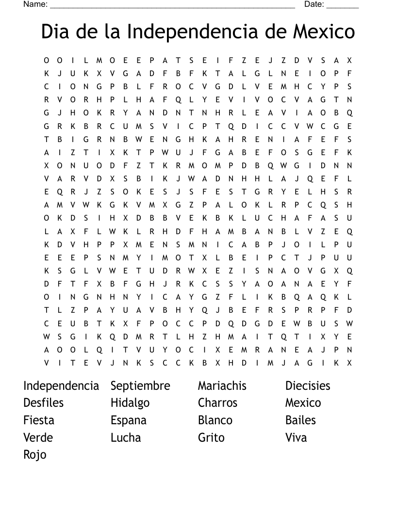 Dia de la Independencia de Mexico Word Search